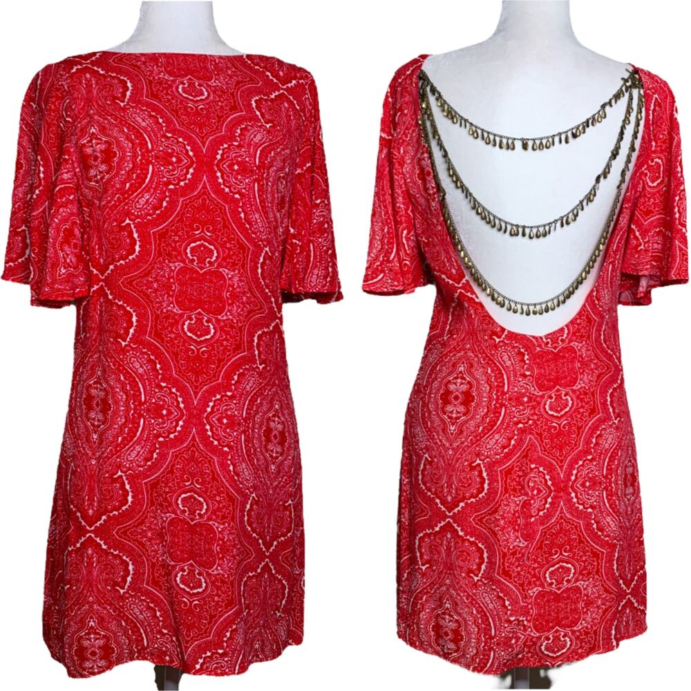 Lulus Start a Party Low Back Chain Detail Paisley Print Dress Red Small